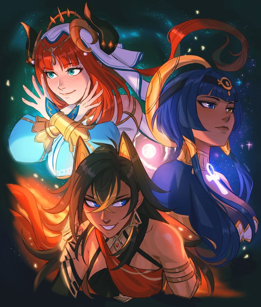 3girls ankh aqua_eyes armlet artist_name bangs blue_eyes blue_gemstone blue_hair blunt_bangs bracer breasts candace_(genshin_impact) chalseu circlet closed_mouth crossed_bangs dancer dark-skinned_female dark_skin dehya_(genshin_impact) egyptian_clothes eye_of_horus fake_horns gem genshin_impact glowing gold_choker grin hair_between_eyes hair_ears hair_ornament harem_outfit heterochromia highres horns jewelry long_hair long_sleeves looking_away looking_to_the_side multicolored_hair multiple_girls neck_ring nilou_(genshin_impact) puffy_long_sleeves puffy_sleeves red_gemstone red_hair short_hair_with_long_locks smile streaked_hair teeth veil white_headdress white_headwear white_veil x_arms yellow_eyes