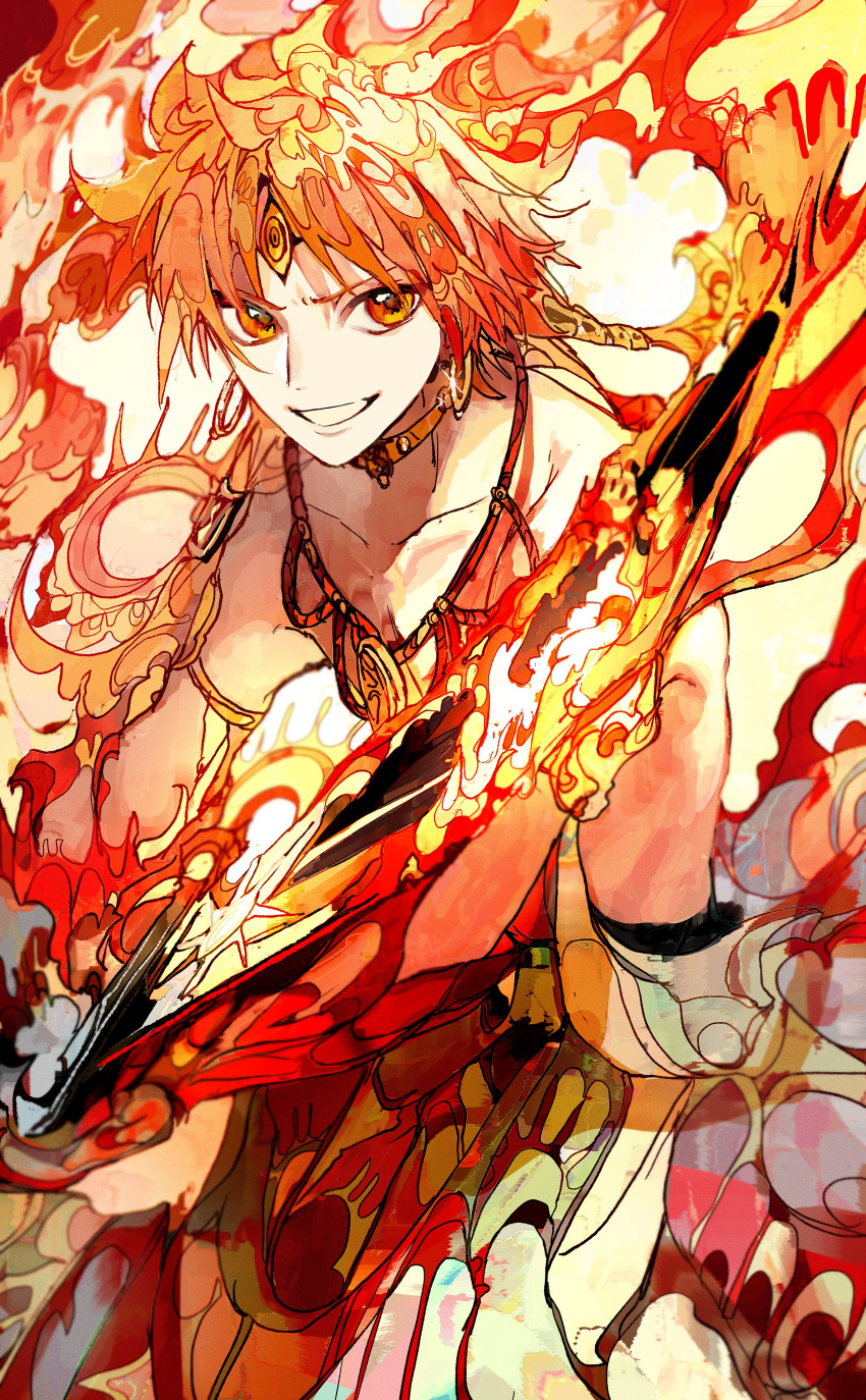 1boy absurdres ali_baba_saluja armlet bare_shoulders choker earrings fire flaming_sword flaming_weapon gold_choker gold_earrings highres holding holding_sword holding_weapon hoop_earrings jewelry looking_at_viewer magi_the_labyrinth_of_magic male_focus necklace open_mouth orange_eyes orange_hair patterned_clothing patterned_hair smile solo sword weapon yadu_nadu