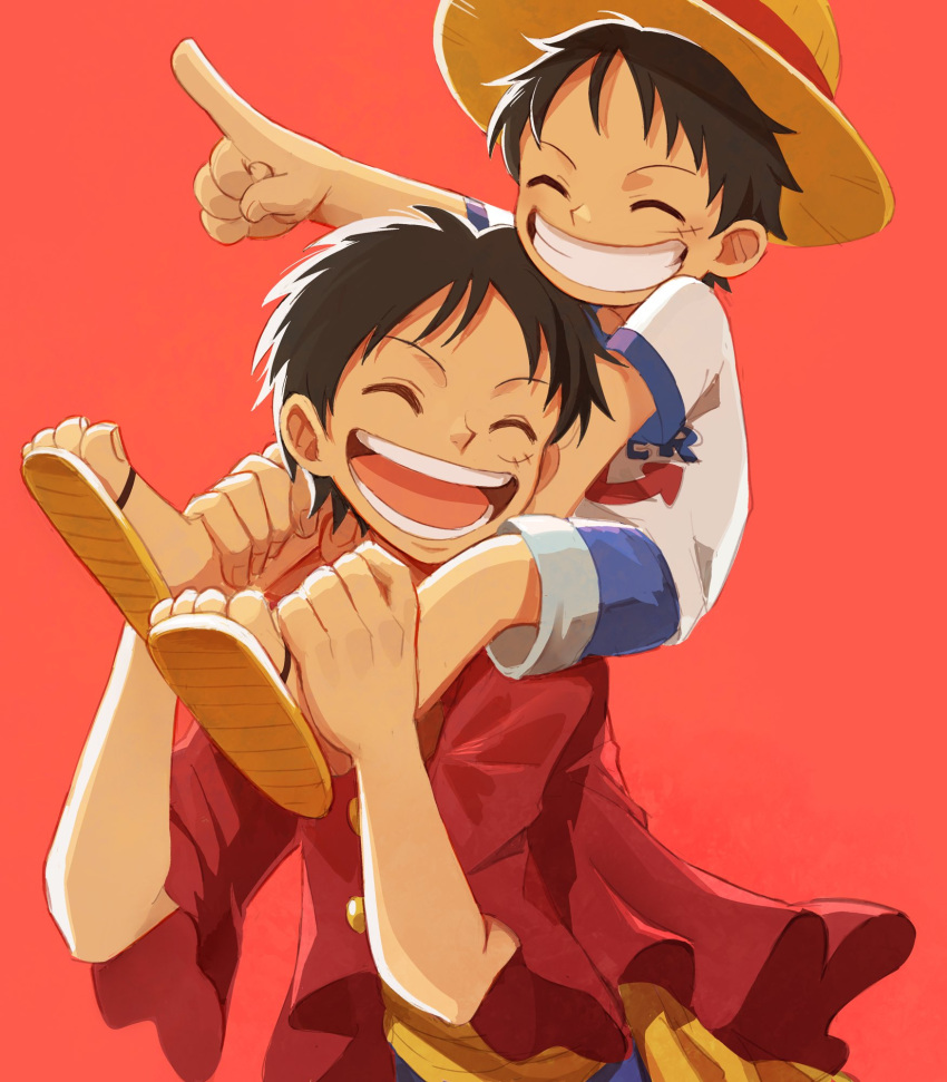 2boys ^_^ age_difference black_hair blue_shorts carrying closed_eyes highres index_finger_raised male_focus monkey_d._luffy multiple_boys oekakiboya one_piece open_mouth red_background red_vest scar scar_on_cheek scar_on_face shirt short_hair short_shorts short_sleeves shorts shoulder_carry vest white_shirt