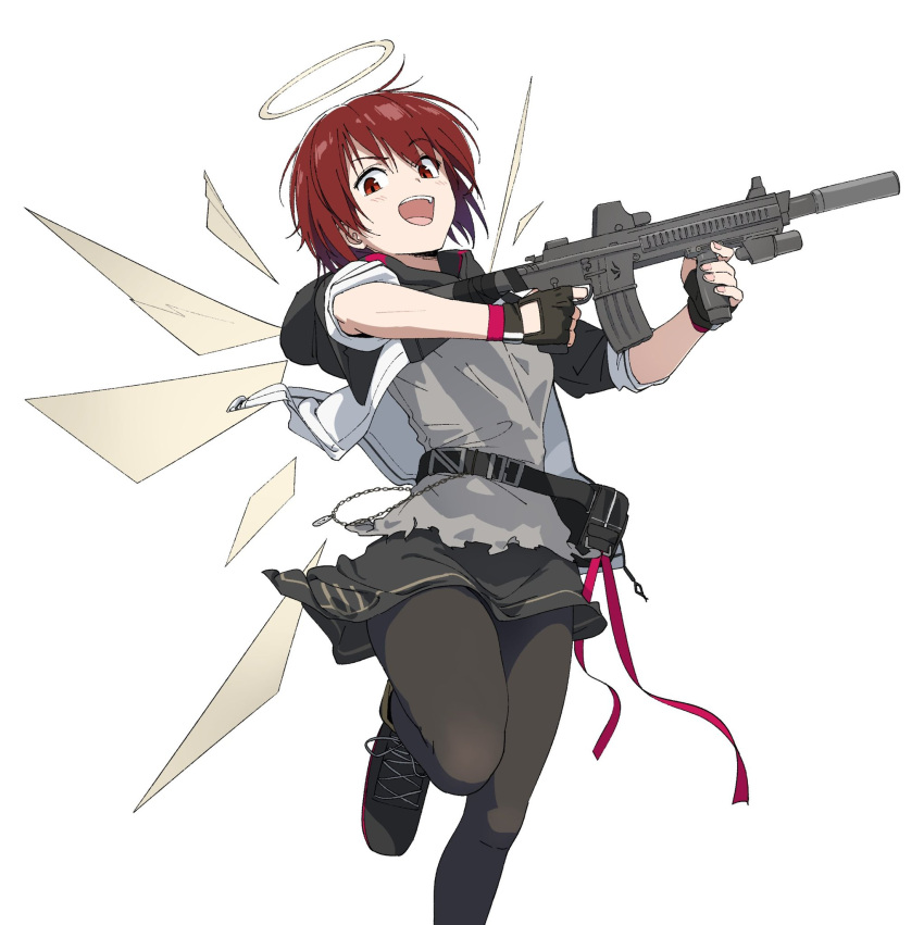 1girl arknights assault_rifle belt black_footwear black_gloves black_pantyhose blush detached_wings drawdrawdeimos exusiai_(arknights) fingers gloves grey_shirt gun h&amp;k_hk416 halo highres holding holding_gun holding_weapon hood hood_down hooded_jacket jacket open_mouth pantyhose pouch red_eyes red_hair rifle shirt shoes short_hair simple_background sleeves_rolled_up smile solo standing teeth upper_teeth_only weapon white_background wings