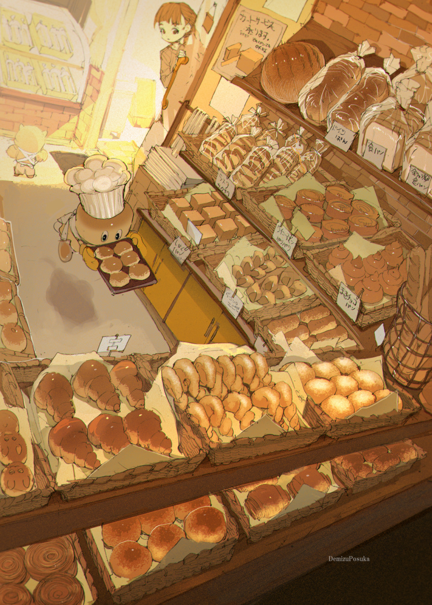 1girl baguette bakery bangs blunt_bangs bread brown_eyes brown_hair chef_hat commentary_request counter croissant demizu_posuka display display_case food food_focus hat highres holding holding_tray loaf_of_bread original oven_mitts shop tray