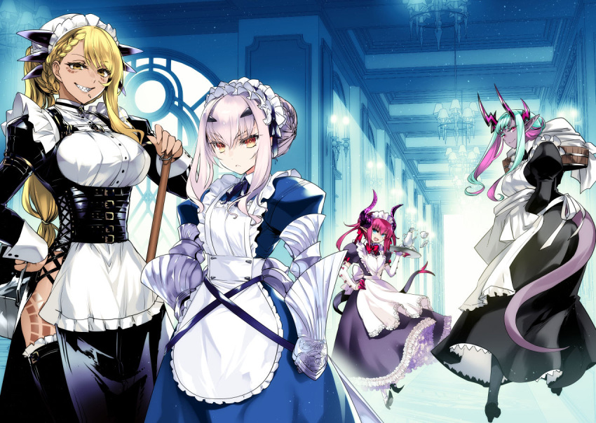4girls alternate_costume apron aqua_hair bangs black_dress black_thighhighs blonde_hair blue_dress blue_eyes braid breasts brown_eyes bucket chin_piercing colored_skin commentary_request corset cross-laced_clothes cup curled_horns dark-skinned_female dark_skin dragon_girl dragon_horns dragon_tail dress elizabeth_bathory_(fate) elizabeth_bathory_(fate/extra_ccc) enmaided eyeliner facial_mark fairy_knight_lancelot_(fate) fate/extra fate/grand_order fate_(series) forked_eyebrows french_braid frills gauntlets grey_skin grin hair_between_eyes hair_bun hair_ribbon high_heels horns ibuki_douji_(fate) ishida_akira juliet_sleeves large_breasts long_hair long_sleeves looking_at_viewer maid maid_headdress makeup mop multicolored_hair multiple_girls oni oni_horns open_mouth pink_hair pointy_ears ponytail puffy_sleeves red_eyes ribbon sharp_teeth sidelocks single_hair_bun small_breasts smile swept_bangs tail teacup teapot teeth thighhighs thighs tray two_side_up underbust vritra_(fate) white_apron white_hair yellow_eyes