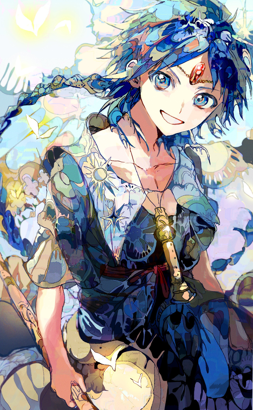 1boy absurdres aladdin_(magi) blue_eyes blue_hair blue_robe braid flute gem highres instrument magi_the_labyrinth_of_magic male_focus open_mouth patterned_clothing patterned_hair red_gemstone robe single_braid smile solo wand yadu_nadu