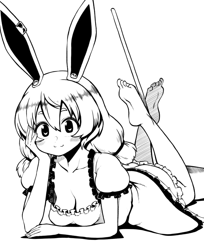 1girl absurdres animal_ears bangs barefoot bloomers breasts cleavage closed_mouth dress earclip feet greyscale hand_on_hip hand_on_own_face highres himajin_noizu kine legs_up looking_at_viewer low_twintails lying mallet medium_breasts medium_hair monochrome on_stomach rabbit_ears rabbit_girl seiran_(touhou) simple_background smile solo touhou twintails underwear