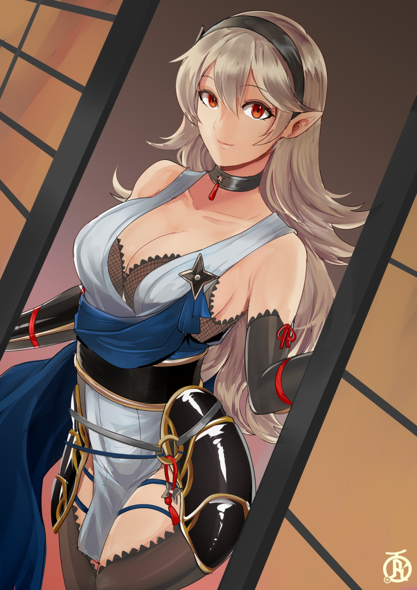 1girl bangs black_choker black_hairband breasts choker cleavage closed_mouth commentary commission corrin_(female)_(ninja)_(fire_emblem) corrin_(fire_emblem) corrin_(fire_emblem)_(female) english_commentary fire_emblem fire_emblem_fates fire_emblem_heroes grey_hair grey_kimono hair_between_eyes hairband highres japanese_clothes kimono long_hair looking_at_viewer medium_breasts ninja obi official_alternate_costume pelvic_curtain pointy_ears red_eyes revolverwing sash short_kimono smile solo thighs