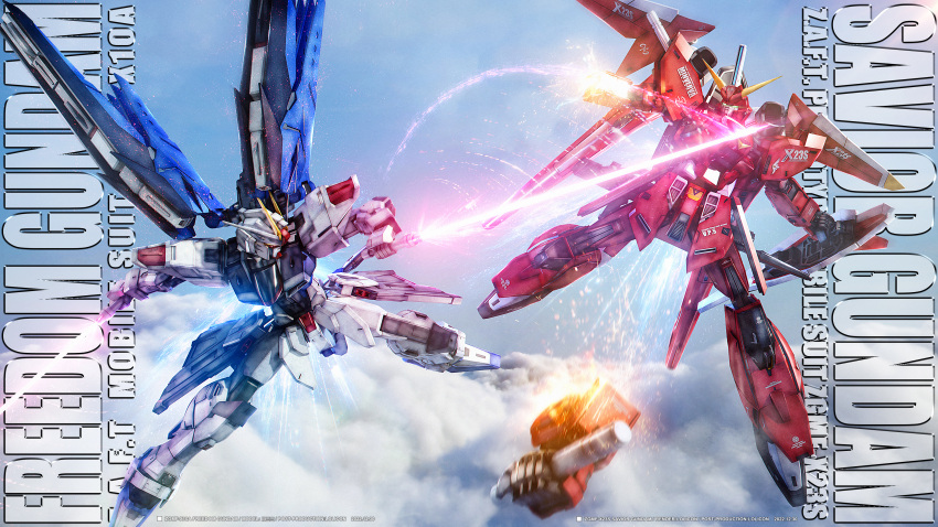 absurdres battle beam_saber blue_sky character_name cloud day dual_wielding flying freedom_gundam glowing glowing_eyes green_eyes gundam gundam_seed gundam_seed_destiny highres holding holding_sword holding_weapon lolicon_(lolicon42051636) mecha mechanical_wings mobile_suit no_humans outdoors reverse_grip robot saviour_gundam science_fiction severed_arm severed_limb shield sky slashing sword v-fin weapon wings