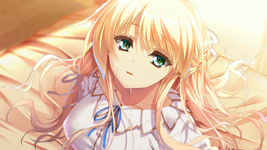 1girl backlighting bangs bed_sheet blonde_hair blue_ribbon bow collarbone floating_hair game_cg grey_eyes hair_between_eyes hair_bow hair_ribbon highres hirohashi_runa ichizu_na_kanojo_to_koi_shitai long_hair looking_at_viewer neck_ribbon open_mouth ribbon shiny shiny_hair shirt solo tsukimori_hiro upper_body white_bow white_ribbon white_shirt