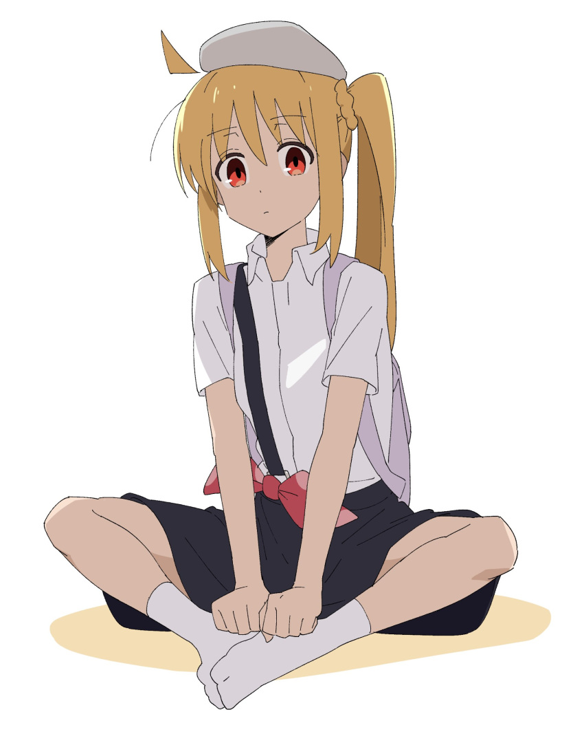 1girl absurdres backpack bag bangs beret black_skirt blonde_hair bocchi_the_rock! butterfly_sitting closed_mouth commentary_request drawdrawdeimos full_body hat highres ijichi_nijika long_hair looking_at_viewer no_shoes red_eyes side_ponytail simple_background skirt socks solo v_arms white_background white_headwear white_socks