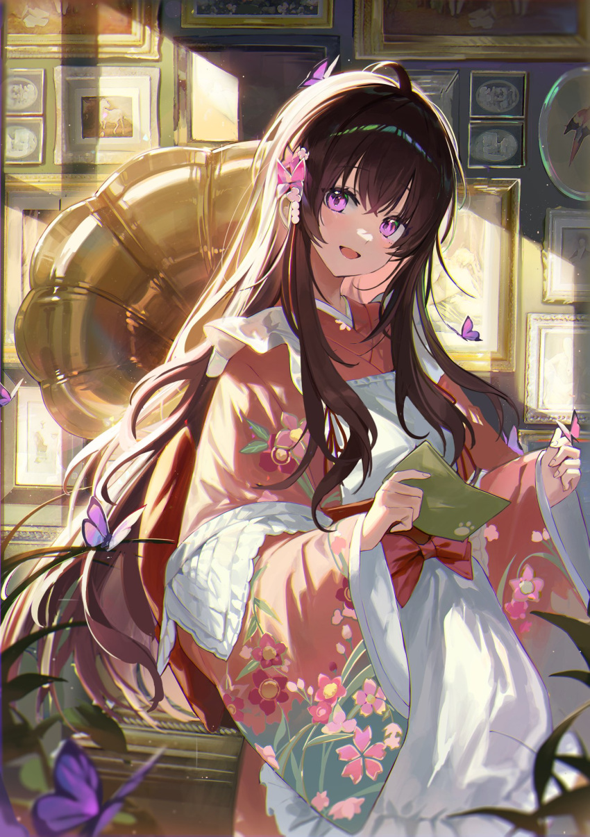 1girl :d ahoge apron bangs blurry bosack bow breasts bug butterfly butterfly_hair_ornament butterfly_on_hand commentary commission cowboy_shot crossed_bangs depth_of_field english_commentary frilled_straps hair_between_eyes hair_ornament head_tilt highres japanese_clothes kimono leaf light_particles light_rays long_hair looking_at_viewer maid_apron obi original phonograph picture_frame pink_eyes plant purple_butterfly purple_eyes rainbow_hair_shine red_bow sash smile solo sunlight very_long_hair waist_bow white_apron