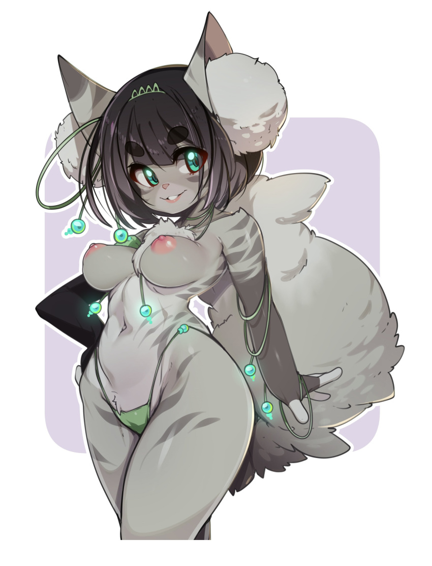 1girl absurdres animal_ear_fluff animal_ears black_hair body_fur breasts commentary english_commentary furry furry_female green_eyes grey_fur hand_on_hip highres medium_breasts navel nipples original parted_lips short_hair slugbox smile solo tail thick_eyebrows topless