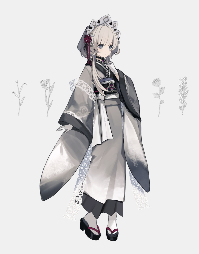 1girl absurdres alternate_costume bangs full_body genshin_impact gloves grey_eyes grey_hair grey_kimono highres japanese_clothes kimono long_sleeves maid_headdress merry-san obi sandals sandrone_(genshin_impact) sash short_hair_with_long_locks socks solo standing white_gloves white_socks wide_sleeves zouri