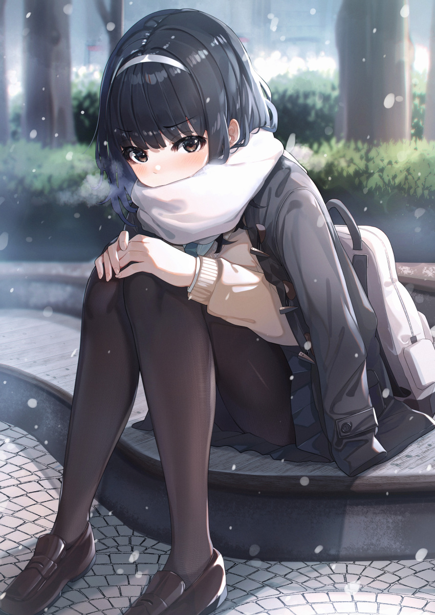 1girl absurdres backpack backpack_removed bag bangs black_coat black_hair black_pantyhose blue_necktie blue_skirt blunt_bangs blurry blurry_background blush brown_eyes brown_footwear bush cardigan coat covered_mouth duffel_coat enpera full_body hairband hands_on_own_knees highres knees_up kurokuro_illust loafers long_hair long_sleeves looking_at_viewer necktie off_shoulder original outdoors pantyhose pleated_skirt scarf school_uniform shirt shoes sitting skirt snowing solo tree white_hairband white_scarf white_shirt winter