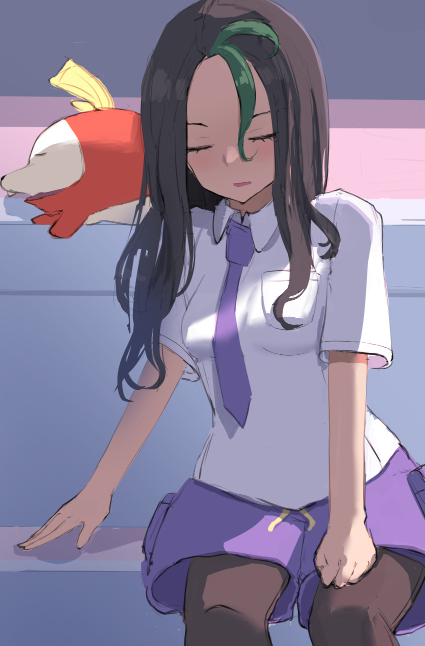 1girl absurdres black_hair breasts closed_eyes dark-skinned_female dark_skin fuecoco hair_down highres legwear_under_shorts long_hair medium_breasts multicolored_hair nemona_(pokemon) pantyhose pantyhose_under_shorts pokemon pokemon_(creature) pokemon_(game) pokemon_sv purple_shorts school_uniform shorts sitting sounuryu_ta streaked_hair uva_academy_school_uniform