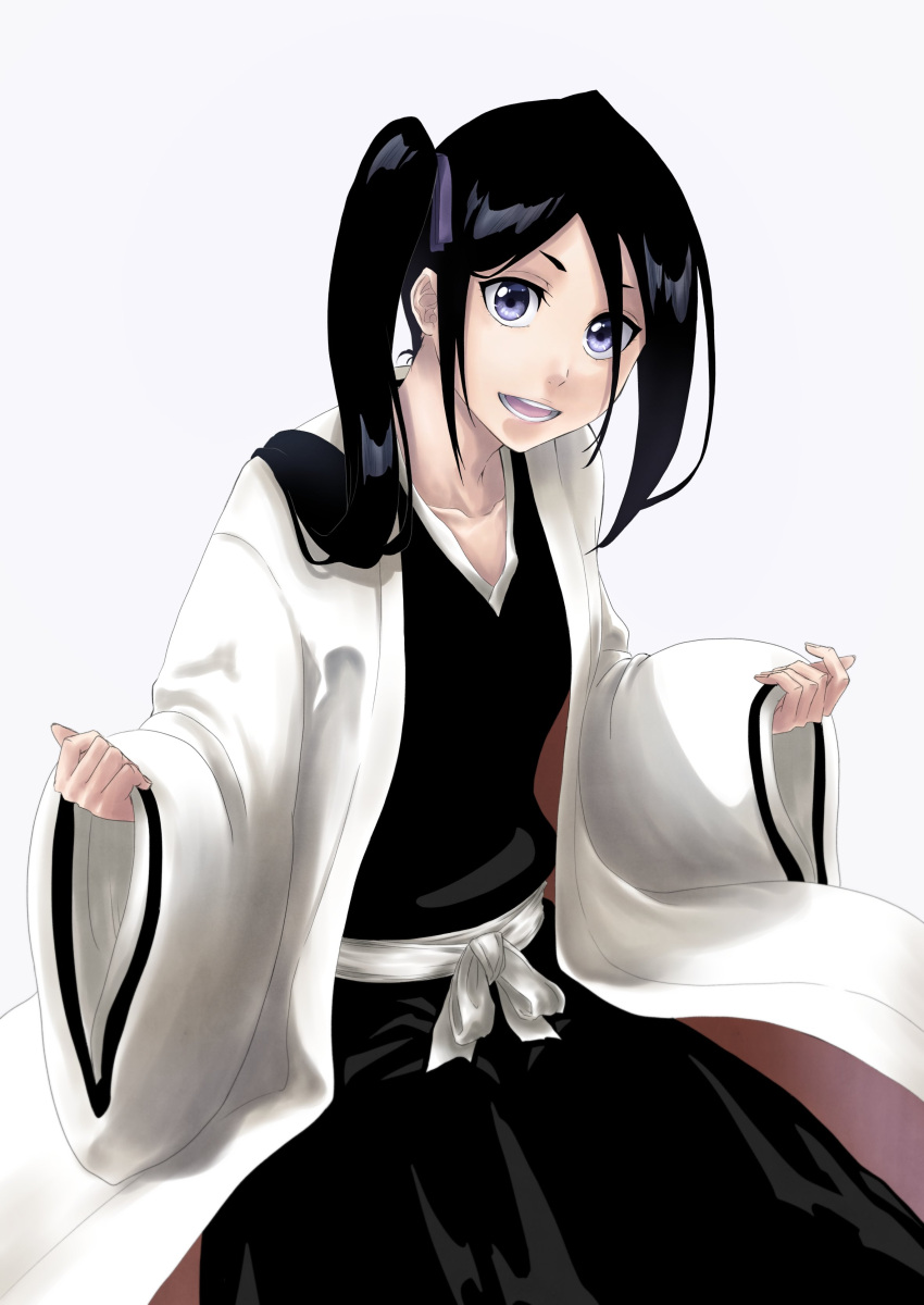 1girl absurdres bangs black_hair black_kimono bleach haori highres jacket japanese_clothes kimono kuchiki_rukia looking_at_viewer mitarashi_(5333069) open_mouth purple_eyes shihakusho side_ponytail smile solo spoilers taichou_haori white_background white_jacket wide_sleeves