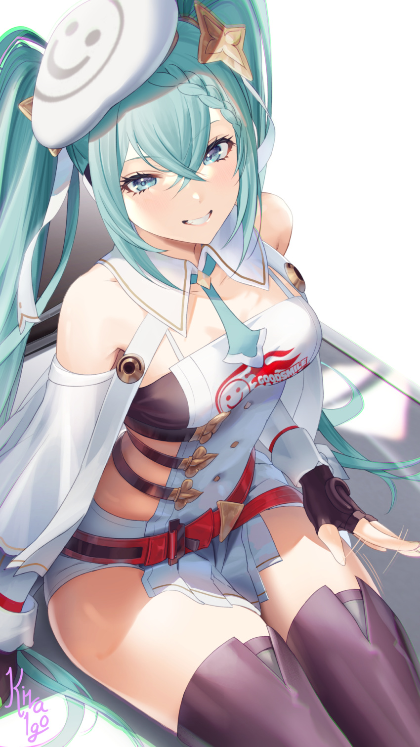 1girl aqua_eyes aqua_hair aqua_necktie bare_shoulders beret black_gloves breasts cleavage collarbone fingerless_gloves from_above gloves goodsmile_racing grin hair_between_eyes hair_ornament hat hatsune_miku highres kirachamo lap_pillow_invitation long_hair looking_at_viewer medium_breasts micro_shorts necktie racing_miku racing_miku_(2023) shorts sideless_outfit sidelocks simple_background sitting smile smiley_face solo star_(symbol) star_hair_ornament thighhighs thighs twintails very_long_hair vocaloid