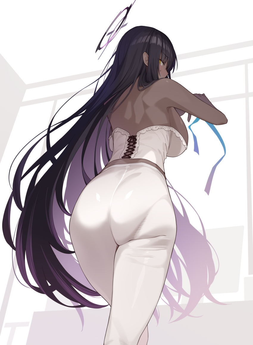 1girl ass back bangs bare_arms black_hair blue_archive blue_ribbon breasts colored_inner_hair dark-skinned_female dark_skin enosan floating_hair from_behind halo highres karin_(blue_archive) large_breasts long_hair looking_back multicolored_hair pants purple_hair ribbon solo standing very_dark_skin very_long_hair white_pants yellow_eyes