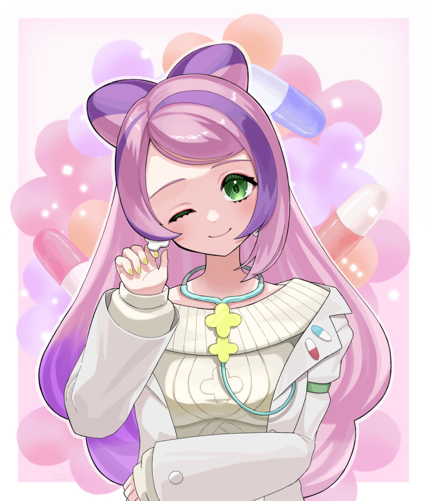 1girl ;) border closed_mouth coat commentary_request earrings ebiura_akane eyelashes green_eyes hand_up head_tilt highres jewelry long_hair long_sleeves looking_at_viewer miriam_(pokemon) nail_polish off_shoulder one_eye_closed open_clothes open_coat pokemon pokemon_(game) pokemon_sv purple_hair smile solo stethoscope sweater upper_body white_border yellow_nails yellow_sweater