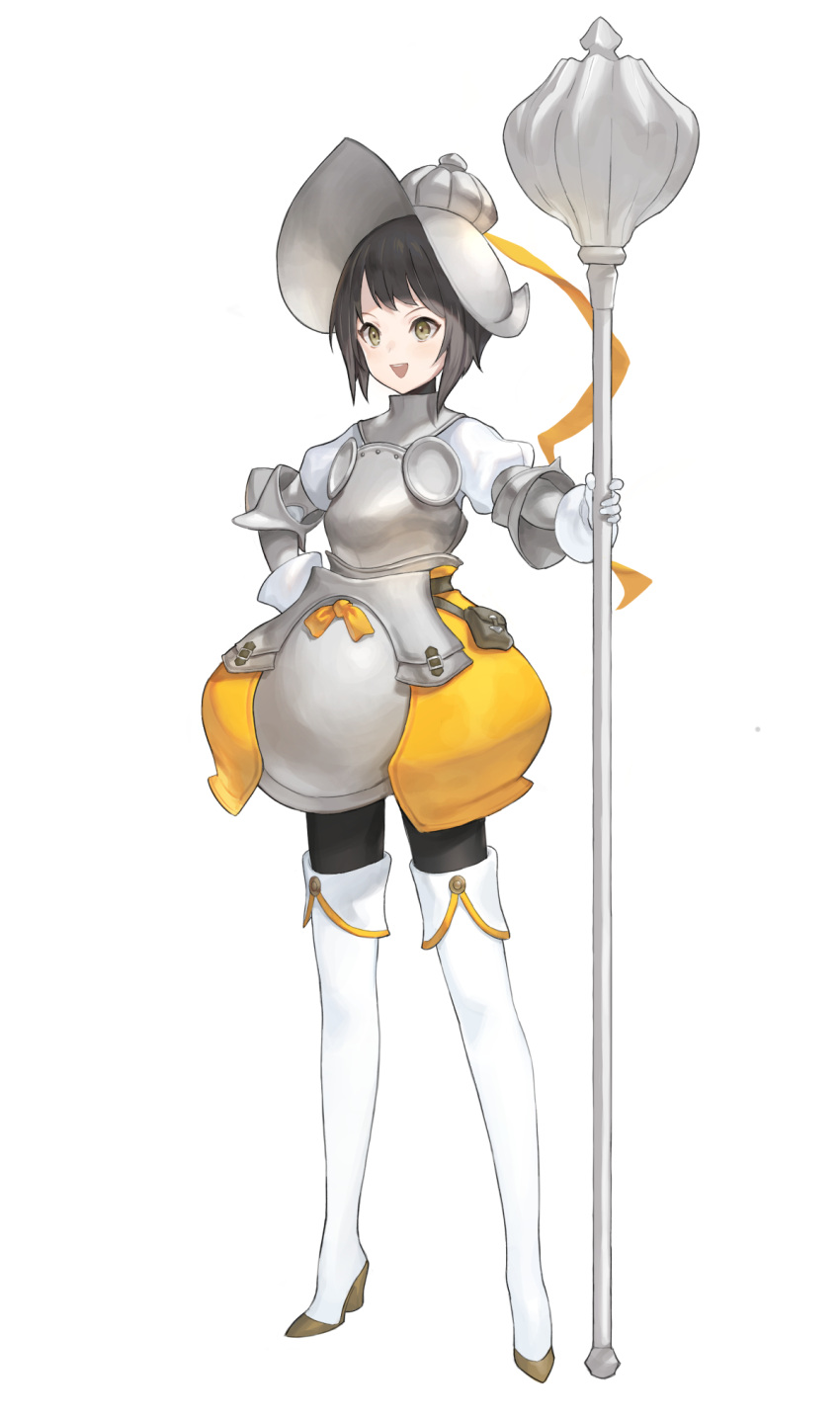 1girl :d armor black_pantyhose boots breastplate brown_hair fold-over_boots full_body helmet high_heels highres holding holding_polearm holding_weapon km_yama mace original pantyhose polearm sidelocks simple_background smile solo thigh_boots weapon white_background white_footwear yellow_eyes