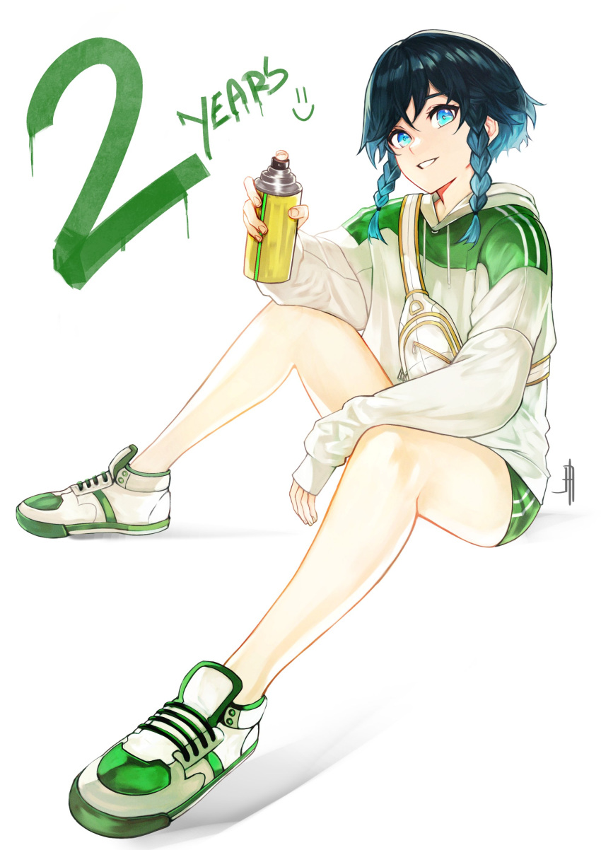1boy absurdres aqua_hair black_hair blue_eyes braid can full_body genshin_impact gradient_hair green_jacket green_shorts highres holding holding_can j._artur jacket long_sleeves looking_at_viewer male_focus multicolored_clothes multicolored_hair multicolored_jacket otoko_no_ko parted_lips shoes short_hair_with_long_locks short_shorts shorts sidelocks signature sitting smile sneakers solo spray_paint twin_braids two-tone_jacket venti_(genshin_impact) white_background white_jacket