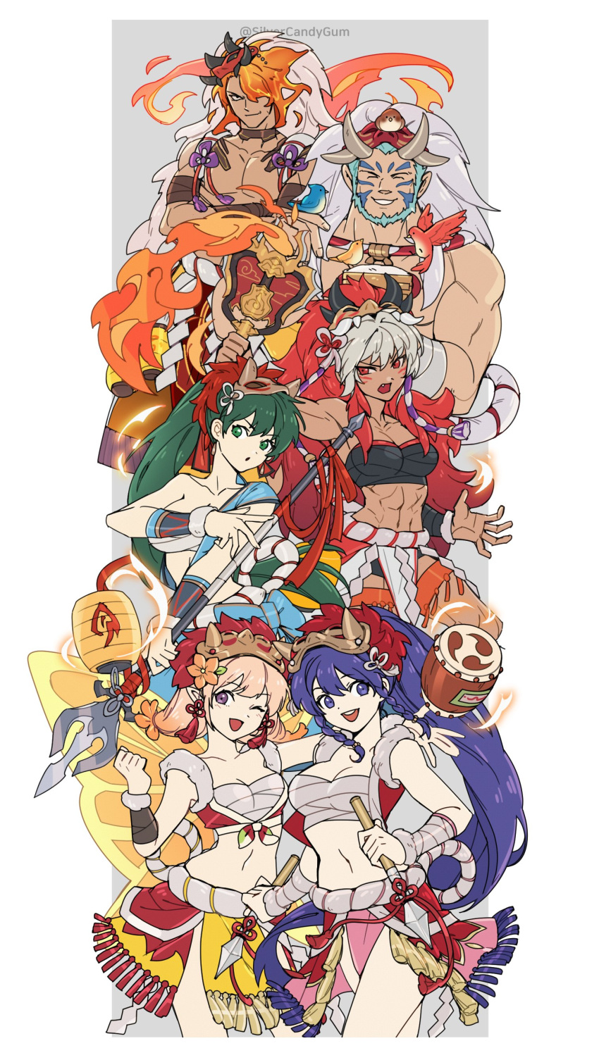 2boys 4girls ;d ^_^ abs absurdres bandages bandeau bare_shoulders beard bird blonde_hair blue_hair breasts character_request chest_sarashi choker cleavage closed_eyes commentary_request cowboy_shot facial_hair fang fire_emblem fire_emblem:_path_of_radiance fire_emblem:_radiant_dawn fire_emblem:_the_blazing_blade fire_emblem:_the_sacred_stones fire_emblem_fates fire_emblem_heroes green_eyes green_hair grey_hair gunbai highres holding holding_polearm holding_weapon large_breasts looking_at_viewer lyn_(fire_emblem) mask mask_on_head midriff mordecai_(fire_emblem) multiple_boys multiple_girls muscular navel official_alternate_costume one_eye_closed pelvic_curtain peony_(fire_emblem) polearm ponytail purple_eyes red_eyes rinkah_(fire_emblem) sarashi short_hair silvercandy_gum smile spear standing stomach strapless tana_(fire_emblem) thighs tube_top war_fan weapon