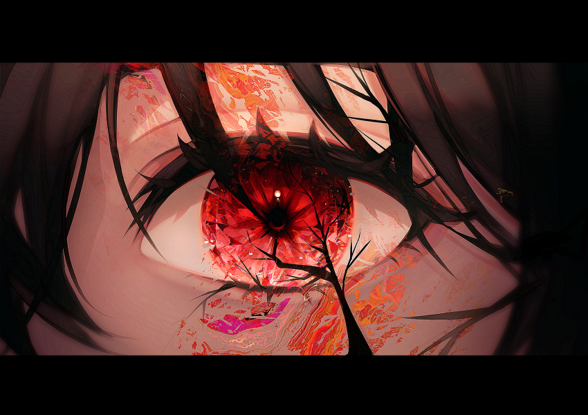 1girl 58_(opal_00_58) bangs bare_tree black_hair close-up commentary crystal_eye english_commentary eye_focus eyelashes hair_between_eyes highres letterboxed looking_at_viewer moon original red_eyes solo tree