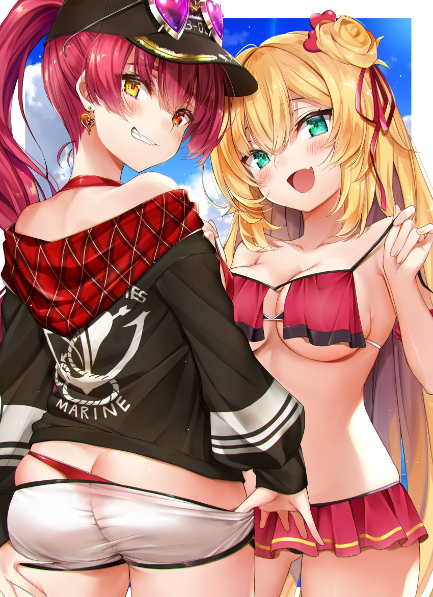 2girls akai_haato ass bangs bare_shoulders bikini bikini_under_clothes black_headwear black_jacket blonde_hair blue_sky blush breasts commentary_request earrings from_behind green_eyes hat heart heart-shaped_eyewear highres hololive houshou_marine jacket jewelry large_breasts long_sleeves looking_at_viewer looking_back makinan multiple_girls off_shoulder open_mouth parted_lips ponytail red_bikini red_eyes red_hair short_shorts shorts sky smile sunglasses swimsuit teeth virtual_youtuber white_shorts yellow_eyes