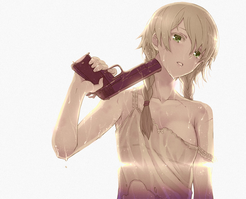 1girl blonde_hair braid camisole finger_on_trigger green_eyes gun gun_to_head hair_tie handgun holding holding_gun holding_weapon itou_(onsoku_tassha) light_rays long_hair looking_at_viewer m1911 original parted_lips pointing pointing_at_self revision simple_background solo strap_slip torn_clothes twin_braids upper_body weapon wet white_background
