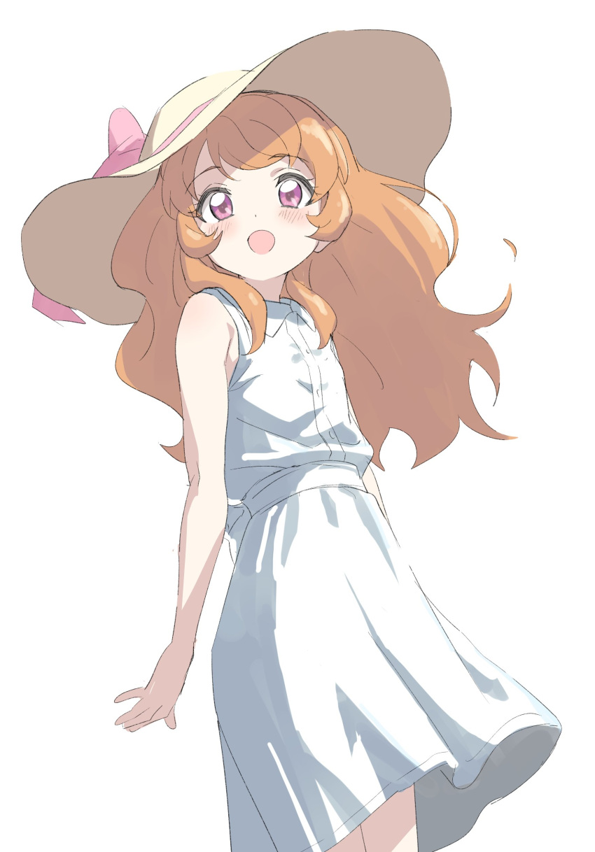 1girl :d absurdres aikatsu! aikatsu!_(series) bare_shoulders blush bow brown_hair dress hat hat_bow highres long_hair looking_at_viewer oozora_akari open_mouth pink_bow pink_eyes simple_background sincos sleeveless sleeveless_dress smile solo sun_hat sundress white_background white_dress