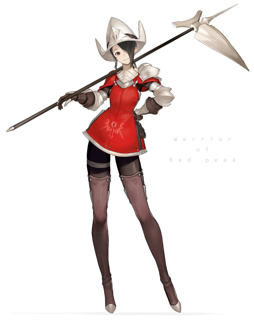 1girl black_hair black_pantyhose boots brown_eyes brown_footwear character_name contrapposto dress full_body gauntlets hair_over_one_eye halberd hand_on_hip hat head_tilt highres km_yama looking_at_viewer one_eye_covered original pantyhose polearm red_dress simple_background smile solo thigh_boots warrior_of_red_peak_(km_yama) weapon white_background