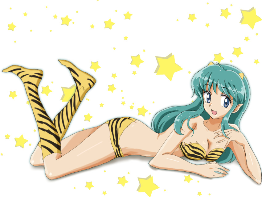 1girl animal_print ass bikini blue_eyes breasts cleavage commentary_request green_hair horns kinfuji long_hair looking_at_viewer lum lying medium_breasts on_stomach oni_horns pointy_ears print_bikini print_footwear solo starry_background strapless strapless_bikini swimsuit tiger_print urusei_yatsura white_background yellow_bikini