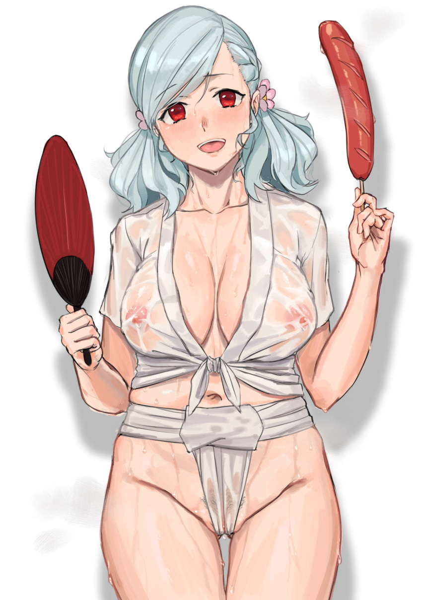 1girl absurdres blush breasts cleavage collarbone covered_nipples cowboy_shot female_pubic_hair flower food fundoshi girls'_frontline groin hair_flower hair_ornament hand_fan highres holding holding_fan japanese_clothes kuro_(zhurunbo1997) large_breasts long_hair looking_at_viewer nipples open_mouth paper_fan pubic_hair red_eyes sausage see-through shirt smile solo spas-12_(girls'_frontline) uchiwa wet wet_clothes wet_shirt yamakasa