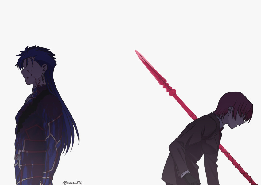 1boy 1girl bazett_fraga_mcremitz blood blood_on_clothes blood_on_face blue_bodysuit bodysuit breasts cu_chulainn_(fate) cu_chulainn_(fate/stay_night) faceless faceless_male fate/hollow_ataraxia fate_(series) feet_out_of_frame from_side gae_bolg_(fate) gloves hair_over_eyes highres impaled long_hair nora_(nora_f96) polearm purple_hair short_hair spear toned toned_male weapon