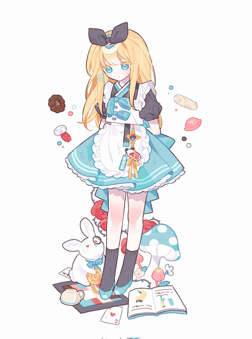 1girl ace_of_hearts adapted_costume alice_(alice_in_wonderland) alice_in_wonderland apron black_bow black_socks blonde_hair blue_bow blue_bowtie blue_eyes blue_hanbok bow bowtie colored_eyelashes cookie flower food hair_bow hanbok heart highres korean_clothes lia_s2 long_hair monocle mushroom pocket_watch rose socks solo thorns vial watch white_apron white_rabbit_(alice_in_wonderland)
