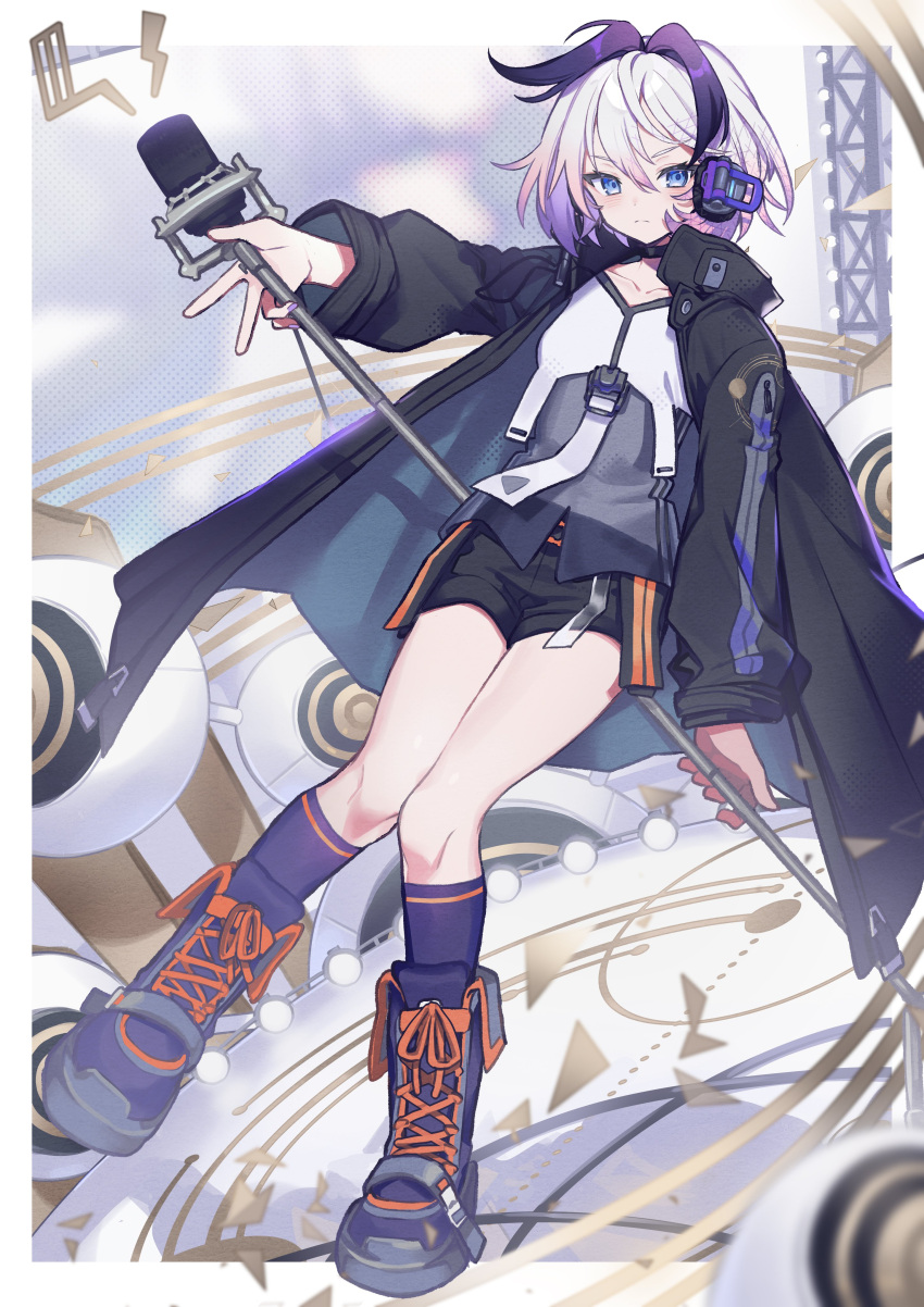 1girl absurdres black_coat black_shorts blue_eyes boots cevio ci_flower coat collarbone commentary cross-laced_footwear flower_(vocaloid) full_body grey_shirt headphones highres holding holding_microphone_stand knees_together_feet_apart lace-up_boots light_frown looking_at_viewer microphone microphone_stand miwasiba multicolored_hair outstretched_arm projected_inset purple_footwear purple_hair purple_socks shirt short_hair shorts socks solo speaker spotlight streaked_hair truss tsurime vocaloid white_hair white_shirt