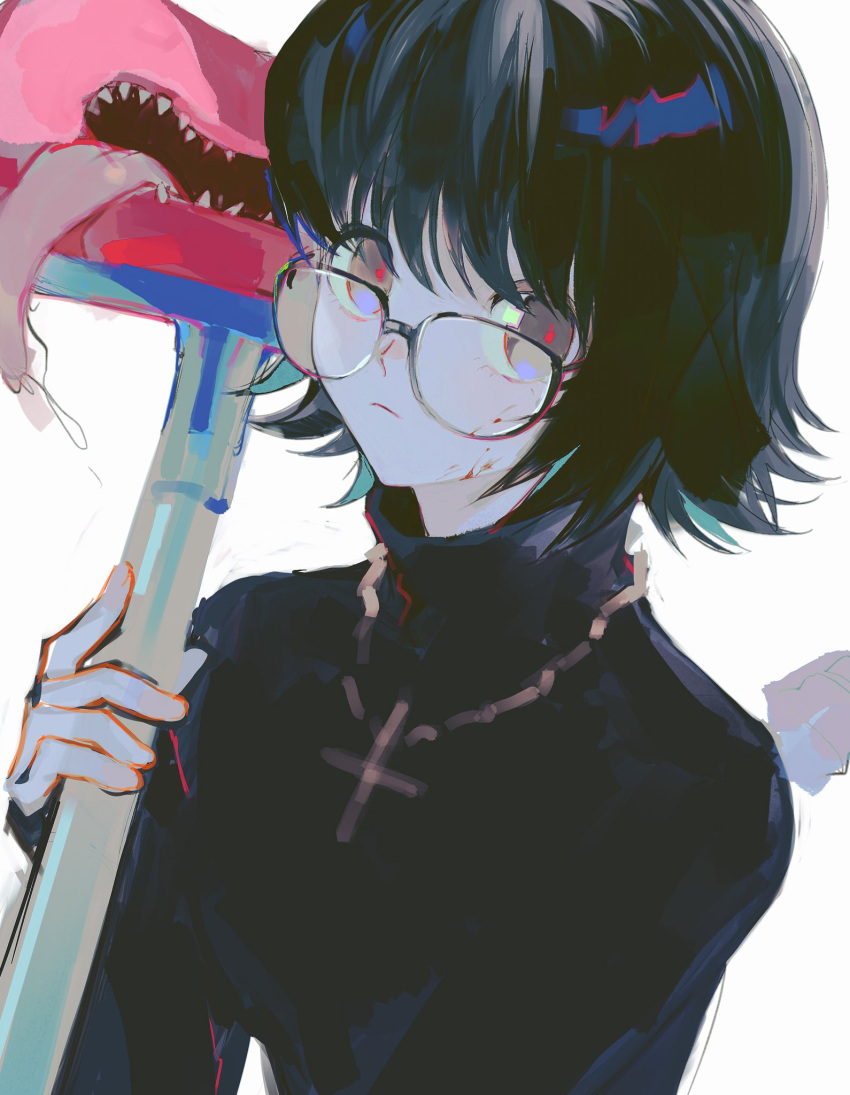 1girl bangs black_hair black_sweater blinky blood blood_on_face closed_mouth cross cross_necklace glasses highres holding hunter_x_hunter jewelry long_sleeves looking_at_viewer necklace nima_(nimamann) red_pupils saliva shizuku_(hunter_x_hunter) short_hair simple_background sweater tongue upper_body vacuum_cleaner white_background