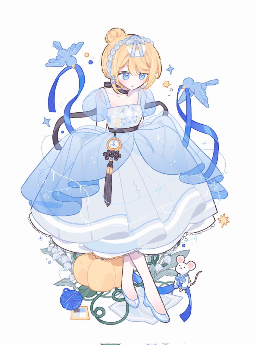 1girl adapted_costume blonde_hair blue_bow blue_dress blue_eyes blue_footwear blue_hairband bow chinese_knot cinderella cinderella_(disney) collarbone dress flower glass_slipper hair_bow hair_bun hairband highres korean_clothes lia_s2 lily_of_the_valley mouse pocket_watch puffy_short_sleeves puffy_sleeves pumpkin see-through see-through_sleeves short_sleeves skirt_hold solo tassel watch