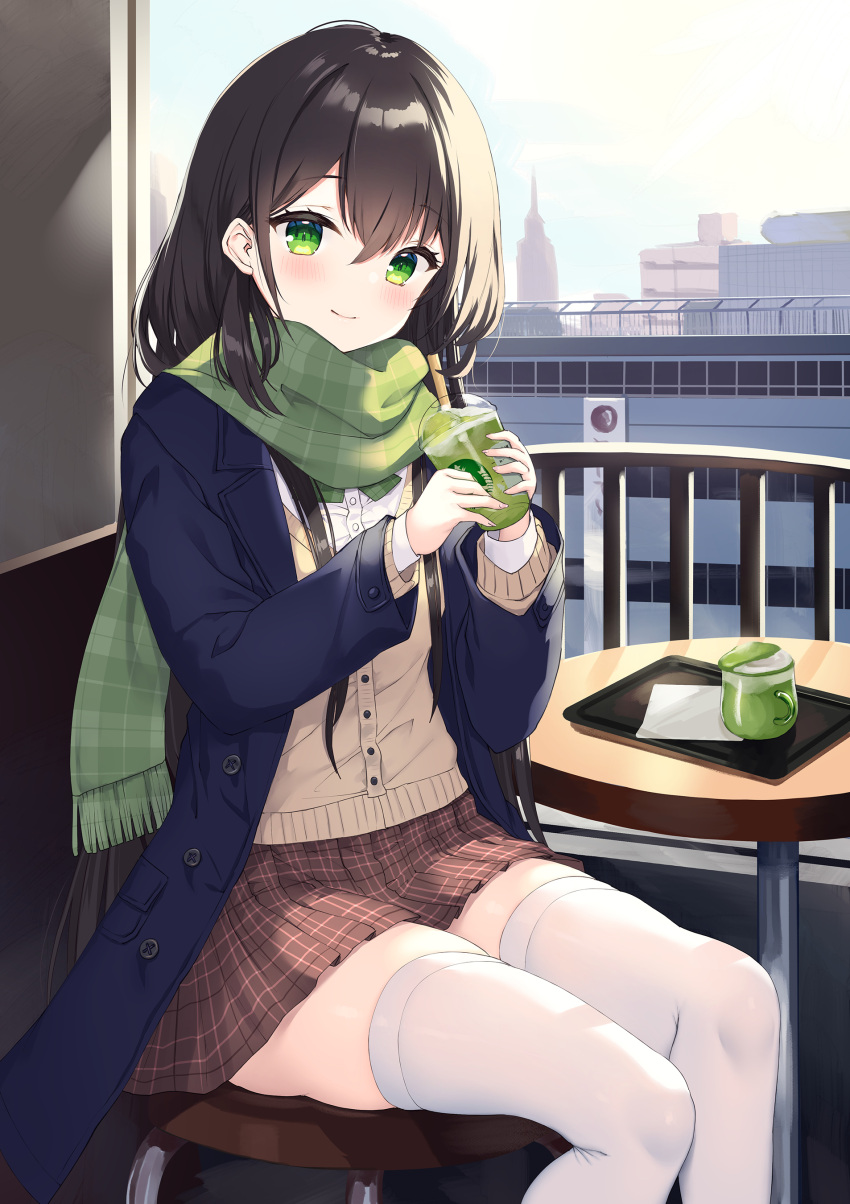 1girl absurdres bangs black_hair blue_jacket blush brown_cardigan brown_skirt cardigan closed_mouth commentary_request cup disposable_cup fringe_trim green_eyes green_scarf hair_between_eyes highres holding holding_cup jacket long_hair long_sleeves looking_at_viewer ochinsama open_clothes open_jacket original plaid plaid_scarf plaid_skirt pleated_skirt railing scarf school_uniform sitting skirt sleeves_past_wrists smile solo starbucks stool table thighhighs very_long_hair white_thighhighs