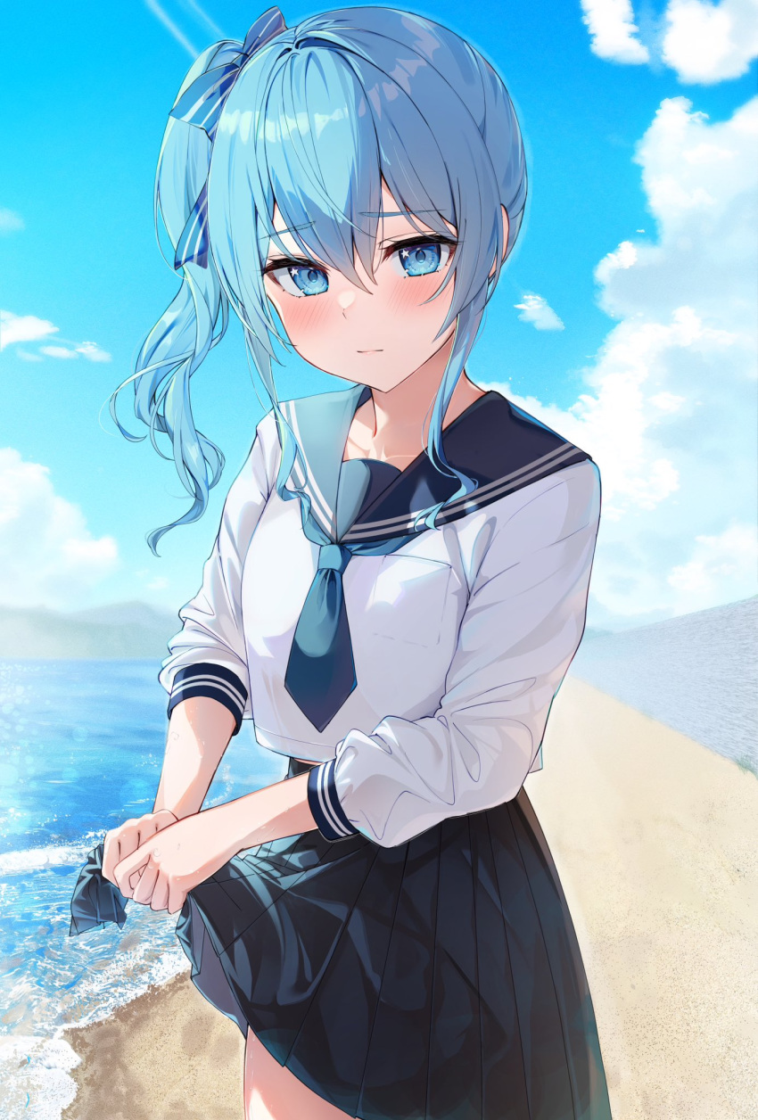 1girl auui bangs black_skirt blue_bow blue_eyes blue_hair blue_neckerchief blue_sailor_collar blush bow closed_mouth hair_between_eyes hair_bow highres hololive hoshimachi_suisei long_sleeves looking_at_viewer medium_hair neckerchief outdoors pleated_skirt sailor_collar school_uniform shirt side_ponytail sidelocks skirt skirt_hold sleeves_rolled_up solo star_(symbol) star_in_eye striped striped_bow symbol_in_eye virtual_youtuber water white_shirt