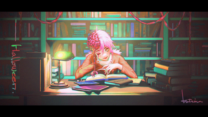 1girl book book_stack bookshelf chainsaw_man cosmo_(chainsaw_man) dangling_eye exposed_brain hair_ribbon head_tilt heart heart-shaped_pupils highres indoors katrina_chiu lamp letterboxed library looking_at_viewer medium_hair open_book pink_hair red_eyes red_sweater ribbon short_twintails smile solo sweater symbol-shaped_pupils twintails