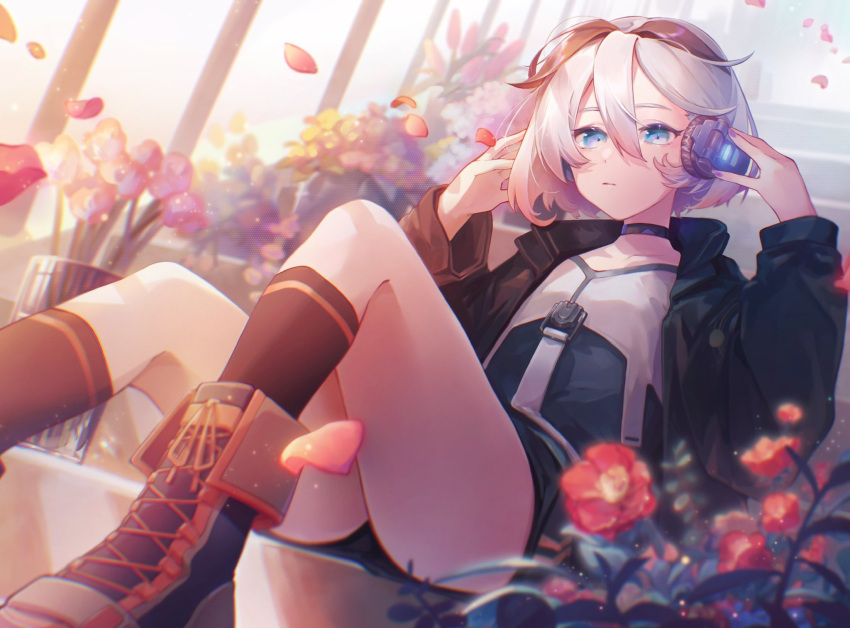 1girl black_coat black_hair black_shorts blue_eyes blurry blurry_background boots cevio choker ci_flower coat commentary cross-laced_footwear expressionless falling_petals flower flower_(vocaloid) from_below hands_on_headphones hands_up highres kneehighs lace-up_boots looking_at_viewer mi_no_take multicolored_hair petals red_flower shirt short_hair shorts sitting socks solo stairs streaked_hair thighs tulip vocaloid white_hair white_shirt