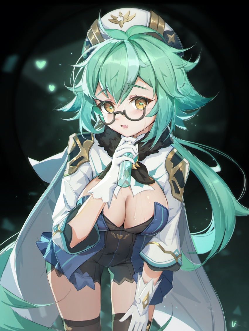 1girl alternate_breast_size beret black_background black_leotard black_thighhighs blue_leotard breasts cape cleavage cowboy_shot drooling frilled_leotard frills fur_collar genshin_impact glasses gloves green_hair hair_between_eyes hair_flaps hand_on_own_thigh hand_up hat heart heart_in_eye highres holding holding_test_tube leaning_forward leotard long_sleeves looking_at_viewer medium_breasts open_mouth orange_eyes penguin1007402125 ponytail semi-rimless_eyewear short_hair solo sucrose_(genshin_impact) symbol_in_eye test_tube thighhighs two-tone_leotard white_cape white_gloves