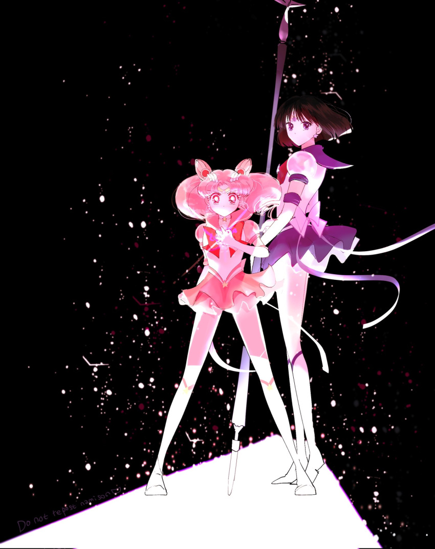 2girls back_bow bangs bishoujo_senshi_sailor_moon black_background bob_cut boots bow chibi_usa choker cone_hair_bun double_bun earrings elbow_gloves full_body gem_hair_ornament gloves hair_bun hand_on_own_chest height_difference highres holding holding_staff jewelry knee_boots long_hair looking_at_viewer multiple_girls namisonpictures parted_bangs pink_sailor_collar pink_skirt pleated_skirt puffy_short_sleeves puffy_sleeves purple_eyes purple_sailor_collar purple_skirt red_bow red_eyes sailor_chibi_moon sailor_collar sailor_saturn sailor_senshi_uniform school_uniform serafuku shirt short_hair short_sleeves short_twintails skirt staff star_(symbol) star_choker super_sailor_chibi_moon_(stars) super_sailor_saturn_(stars) tiara tomoe_hotaru twintails white_footwear white_shirt