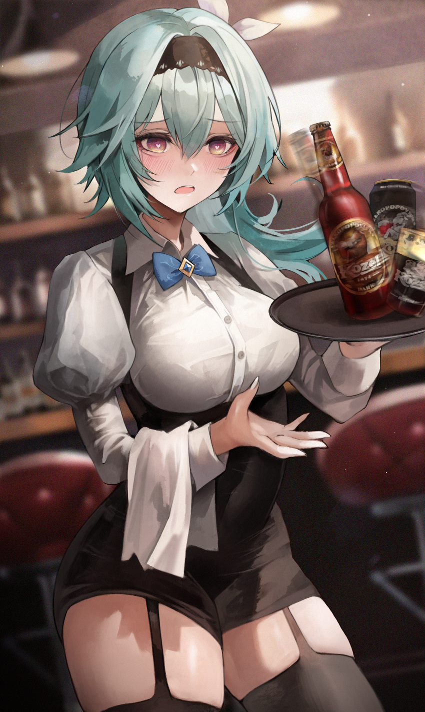 1girl absurdres alternate_costume aqua_hair asymmetrical_hair bar_(place) bar_stool barmaid beer_bottle beer_can black_garter_straps black_hairband black_shorts black_thighhighs blue_bow blue_bowtie blurry blurry_background blush bow bowtie breasts buttons can collared_shirt cowboy_shot dress_shirt drink eula_(genshin_impact) garter_straps genshin_impact glass gradient_eyes hair_between_eyes hairband hand_up heart heart-shaped_pupils high-waist_shorts highres holding holding_tray juliet_sleeves large_breasts long_sleeves looking_at_viewer motion_blur multicolored_eyes open_mouth puffy_sleeves shachiwhitebb shirt shorts solo stool suspender_shorts suspenders symbol-shaped_pupils taut_clothes taut_shirt thighhighs thighs tray underbust white_shirt