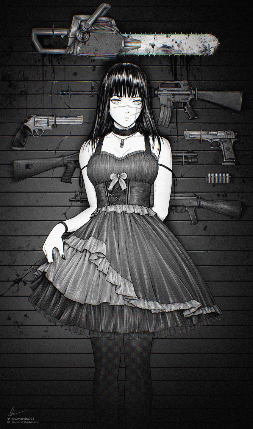 1girl absurdres akm arms_behind_back assault_rifle bangs benelli_m1014 black_choker black_dress black_hair black_nails blood blood_on_weapon bracelet chainsaw chainsaw_man choker colt_python cross-laced_dress cross_scar desert_eagle dress explosive frilled_dress frills grenade greyscale gun handgun highres instagram_username jewelry kalashnikov_rifle long_hair looking_at_viewer m16 m16a2 marvin_(omarvin) monochrome revolver ribbon rifle ringed_eyes scar scar_on_cheek scar_on_face shotgun shotgun_shell solo twitter_username weapon weapon_on_wall yoru_(chainsaw_man)