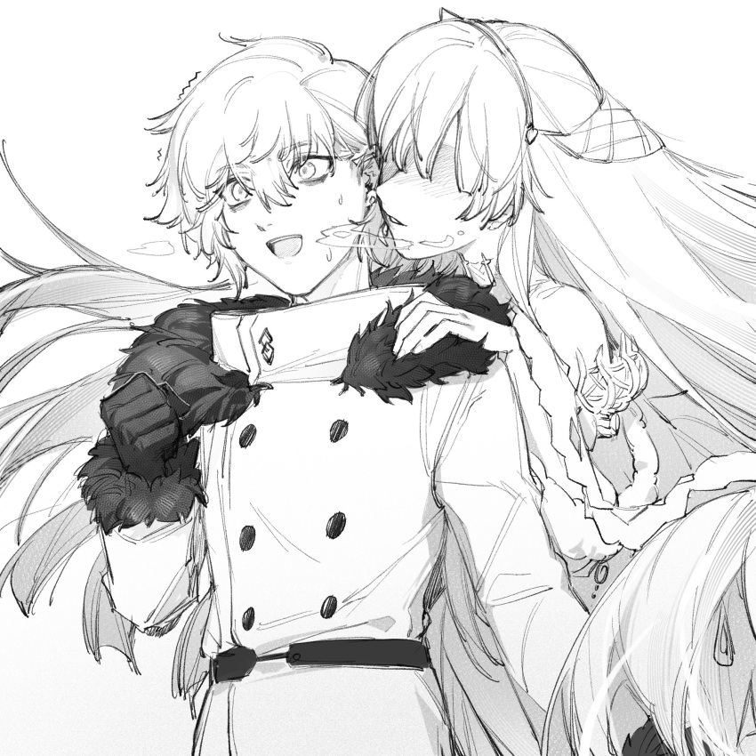 1boy 1girl anastasia_(fate) blowing_in_ear clenched_hand coat cold fate/grand_order fate_(series) fur-trimmed_coat fur_trim gloves greyscale hand_on_another's_shoulder highres kadoc_zemlupus long_hair monochrome qiuyun62303677 visible_air