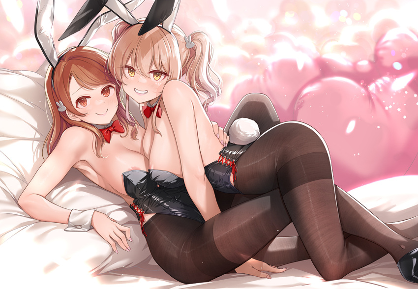2girls animal_ears areola_slip bangs bare_arms bare_shoulders black_hairband black_leotard black_pantyhose blush bow bowtie brown_eyes brown_hair closed_mouth commentary_request detached_collar fake_animal_ears fine_fabric_emphasis hairband hojo_karen idolmaster idolmaster_cinderella_girls jougasaki_mika leotard long_hair looking_at_viewer mk_(mod0) multiple_girls pantyhose parted_lips playboy_bunny rabbit_ears red_bow red_bowtie smile teeth thighband_pantyhose thighs twintails wrist_cuffs yellow_eyes