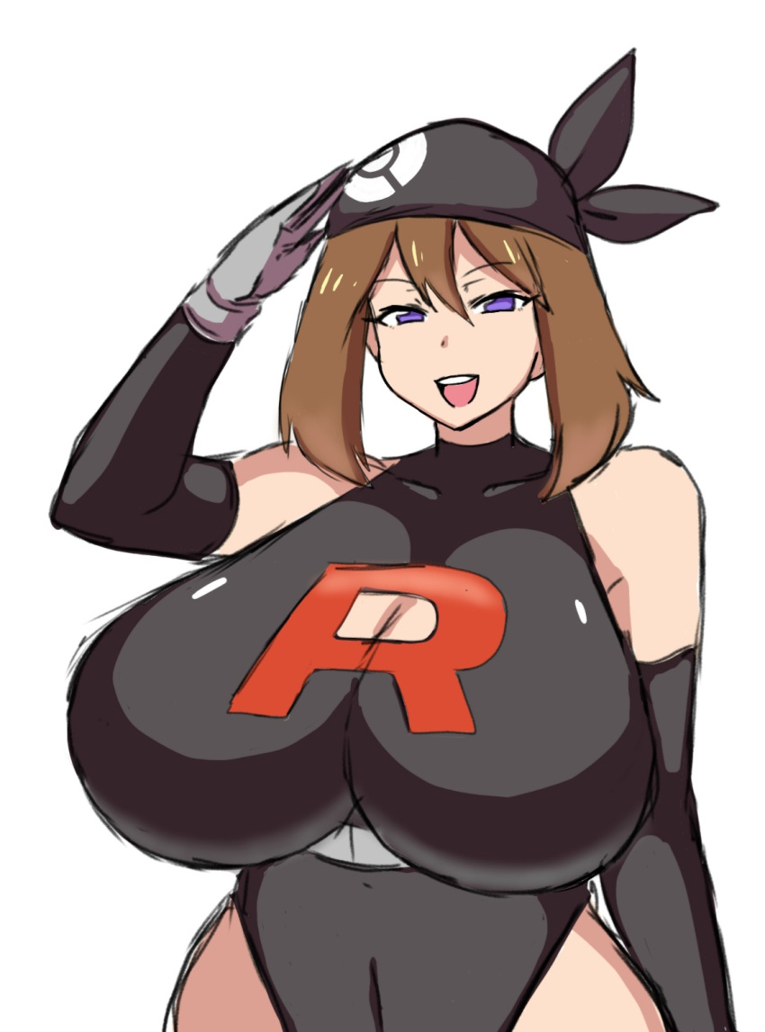 1girl bandana black_bandana breasts brown_hair cleavage_cutout clothing_cutout highres huge_breasts may_(pokemon) monhuter10 pokemon pokemon_(game) pokemon_rse purple_eyes salute simple_background team_rocket white_background