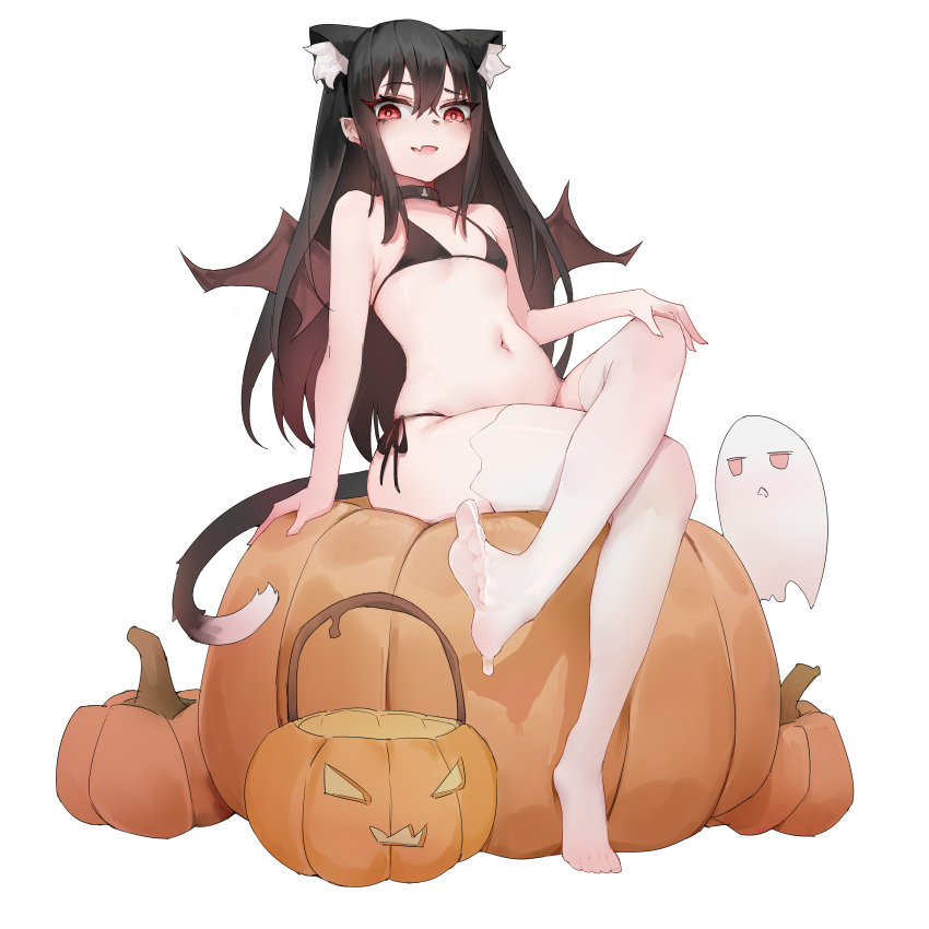 1girl :d absurdres animal_ears bat_wings black_bra black_panties bra cat_ears cat_girl cat_tail collar crossed_legs drooling fang feet flat_chest full_body ghost halloween highres jack-o'-lantern legs long_hair looking_at_viewer mouth_drool navel no_shoes original panties pumpkin red_eyes shouwang sitting sitting_on_object skin_fang smile smug soles stomach suggestive_fluid tail thighhighs toes underwear underwear_only white_thighhighs wings xingye