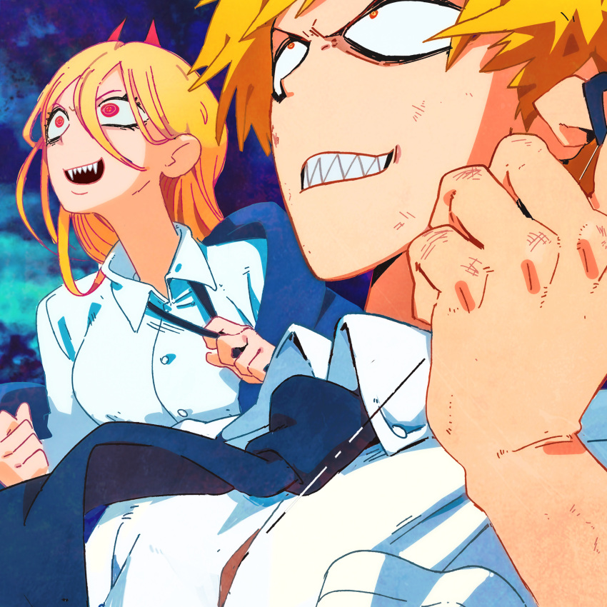 1boy 1girl absurdres aisendraw blonde_hair chainsaw_man collared_shirt cross-shaped_pupils denji_(chainsaw_man) hair_between_eyes highres holding_necktie horns long_hair looking_afar looking_up open_mouth power_(chainsaw_man) pull_cord red_eyes red_horns sharp_teeth shirt short_hair smile symbol-shaped_pupils teeth white_shirt yellow_eyes