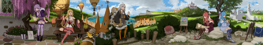 5girls ahoge aircraft animal argyle_thighhighs art_brush backpack bag bangs bare_shoulders basket belt bench bird black_footwear black_jacket black_sleeves blue_dress blue_eyes blue_hair blue_ribbon blue_thighhighs blunt_bangs book boots bottle boulder braid bread breasts building cleavage_cutout cliff clothing_cutout cloud cloudy_sky cobblestone commentary criss-cross_halter cropped_jacket cross-laced_footwear crossed_legs day detached_sleeves dress easel flower folder food framed_breasts frying_pan full_body fur-trimmed_jacket fur_trim grey_dress grey_hair hair_ornament hair_ribbon halterneck high_heel_boots high_heels highres hill holding holding_book holding_folder holding_food holding_map holding_paper holding_pencil holding_pocket_watch hot_air_balloon jacket kizuna_akari kotonoha_akane kotonoha_aoi lace-trimmed_skirt lace-trimmed_sleeves lace-trimmed_thighhighs lace-up_boots lace_trim leaning_forward light_smile lilac long_hair looking_down looking_up map medium_breasts miniskirt mountain multiple_girls necktie ocean open_mouth orange_leggings outdoors paintbrush painting_(object) palette_(object) paper pencil pier pink_hair plant pocket_watch potted_plant pouch purple_dress purple_flower purple_hair purple_jacket purple_thighhighs red_eyes red_footwear red_necktie red_ribbon red_skirt red_thighhighs ribbon sandwich saucepan scenery scroll shirt shore short_hair_with_long_locks short_necktie shoulder_bag siblings sidelocks sisters sitting skirt sky sleeveless sleeveless_dress smile stairs standing steeple striped_leggings teeth thighhighs toriatamastudio tree tsurumaki_maki twin_braids upper_teeth_only vertical-striped_leggings very_long_hair village vocaloid voiceroid watch weather_vane white_shirt wide_image wide_shot window windowsill yuzuki_yukari